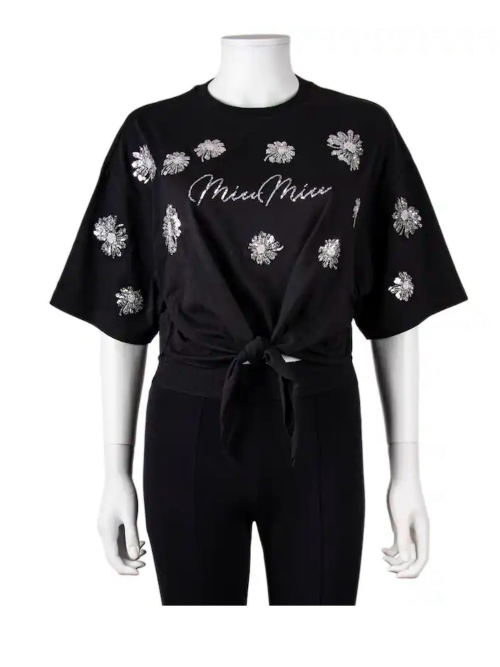 Miu Miu Black Embellished Tie-Front Short Sleeve Tee